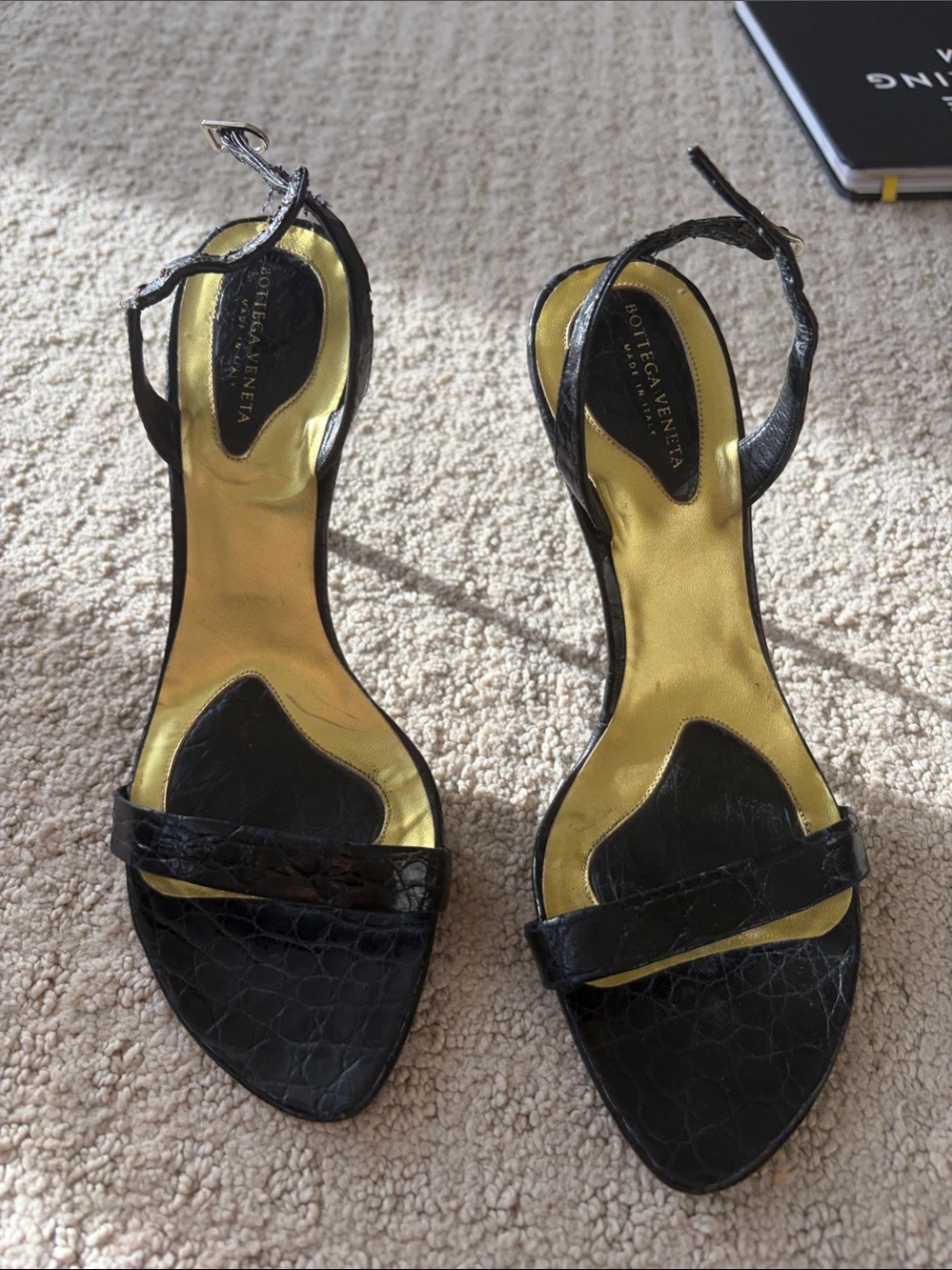 Bottega Veneta Black Leather Ankle-Strap Heels with Gold Insole